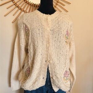 Cream Knit Cardigan with Floral Accents